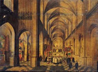 Pieter Neeffs II - A view in a Gothic Church looking East with a service taking place at an altar on the left and a choir singing in the nave