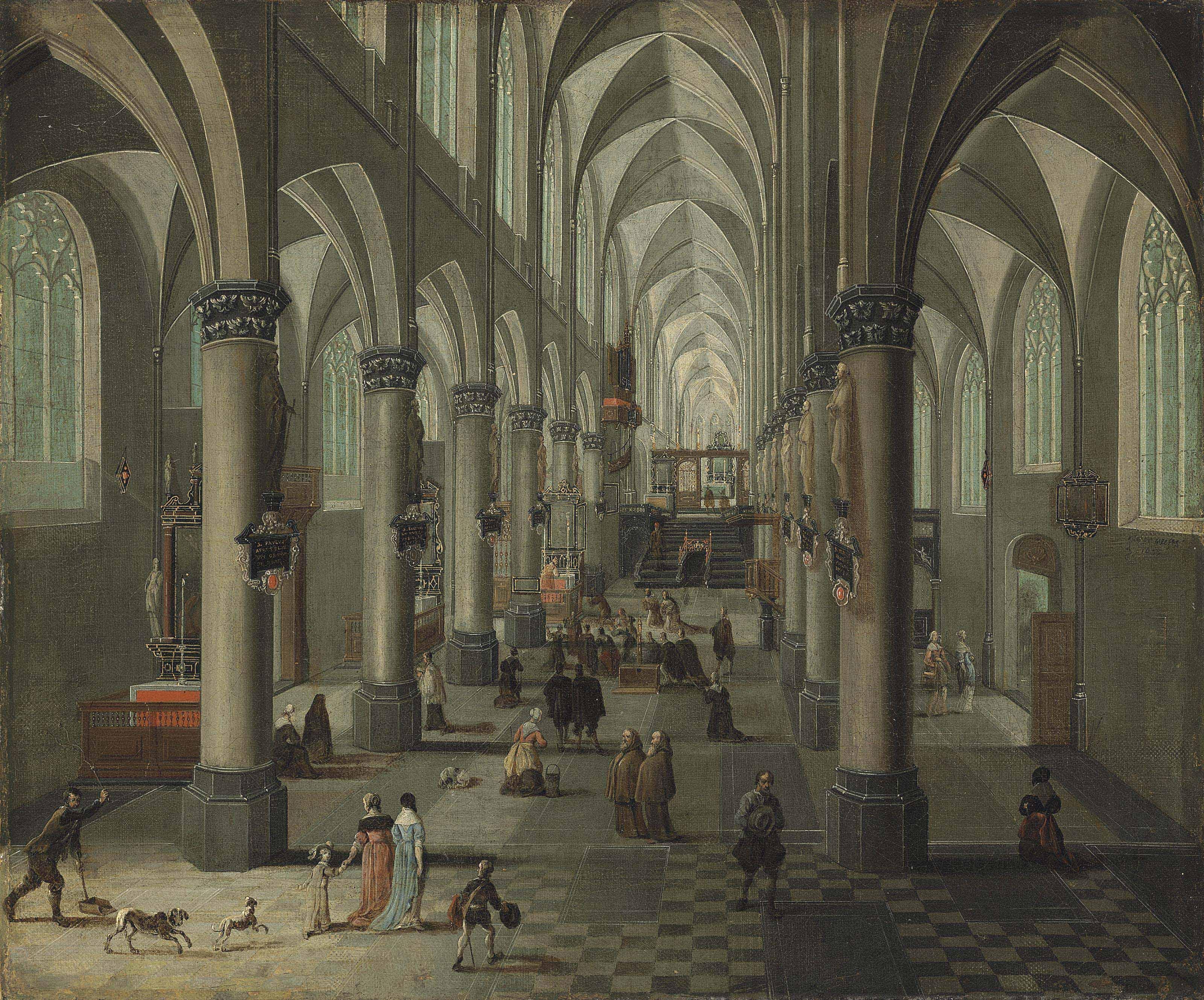 Pieter Neeffs II - Interior of a Gothic church with elegant figures and dogs in the foreground and a Mass beyond