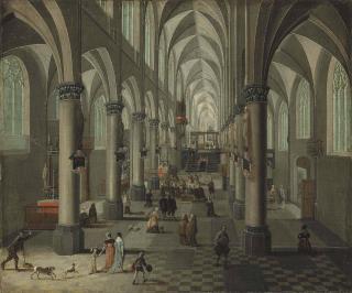 Pieter Neeffs II - Interior of a Gothic church with elegant figures and dogs in the foreground and a Mass beyond