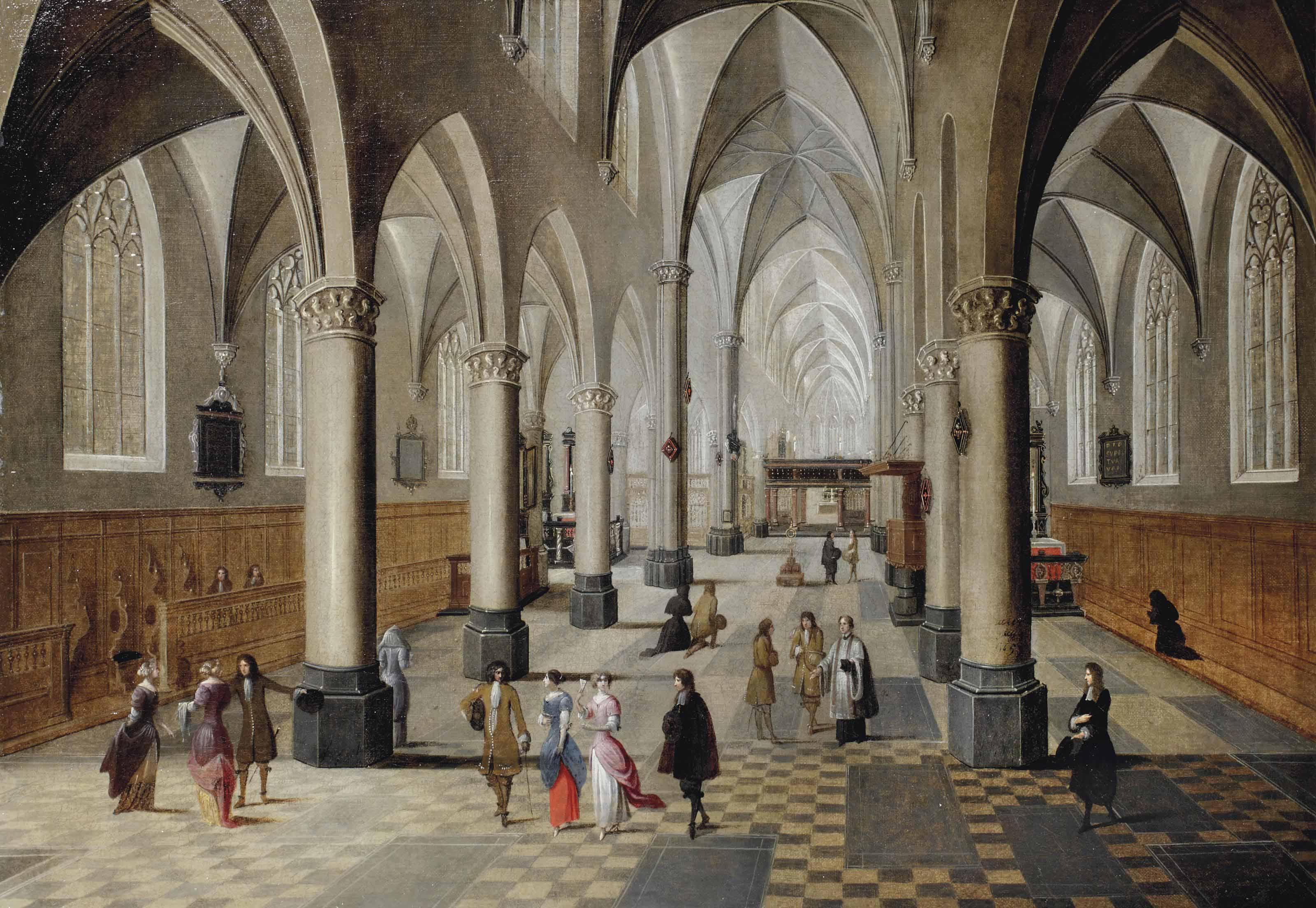 Pieter Neefs I - The Interior Of A Gothic Church With Elegant Figures Strolling And Conversing
