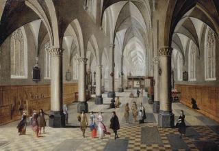 Pieter Neefs I - The Interior Of A Gothic Church With Elegant Figures Strolling And Conversing