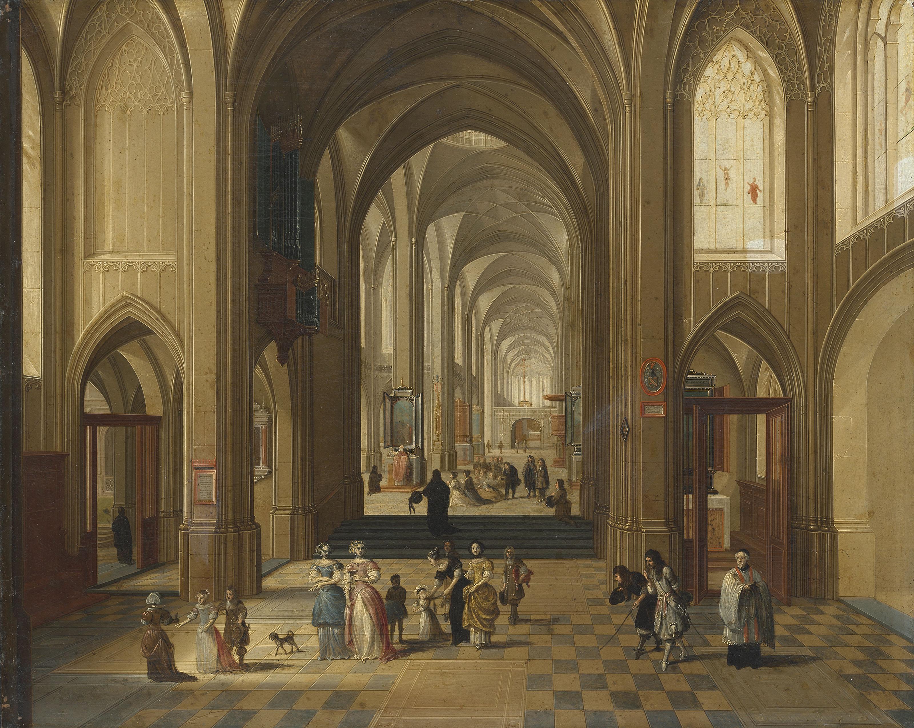 Pieter Neefs I - The interior of Antwerp Cathedral with elegant figures