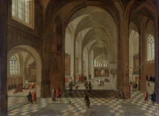 Pieter Neefs II - An interior of a Gothic church with elegant figures conversing