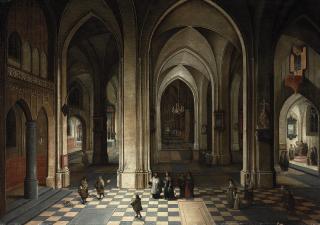 Pieter Neefs II - The interior of a cathedral at night, with elegant figures attending a Mass