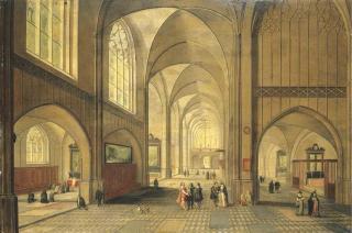 Pieter Neefs II - The interior of a cathedral with elegant company, a service in progress in a side chapel
