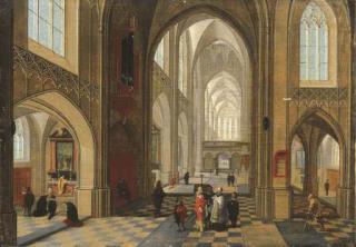 Pieter Neefs II - The interior of a cathedral with elegant company, a service in progress in a side chapel