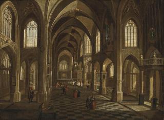 Pieter Neefs II - The interior of a cathedral with elegant figures, a procession beyond