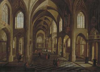 Pieter Neefs II - The Interior of A Cathedral With Elegant Figures, A Procession Beyond