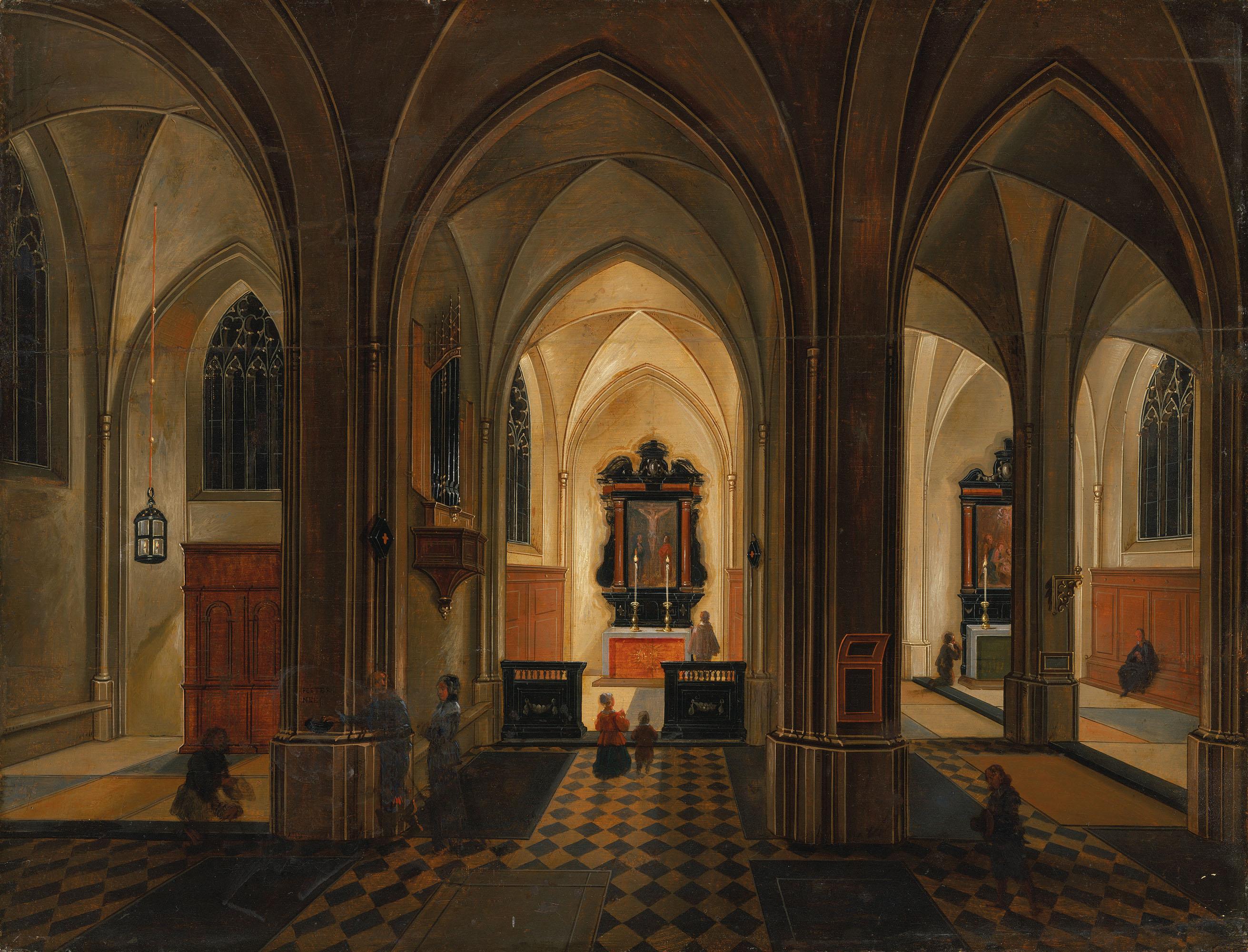 Pieter Neefs Ii - The interior of a church with people praying by candlelight