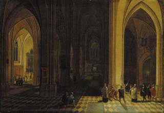 Pieter Neefs II - The interior of a Gothic cathedral at night with a procession in the foreground