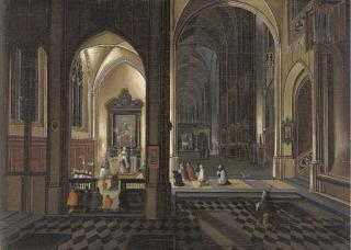 Pieter Neefs II - The interior of a Gothic Cathedral by night