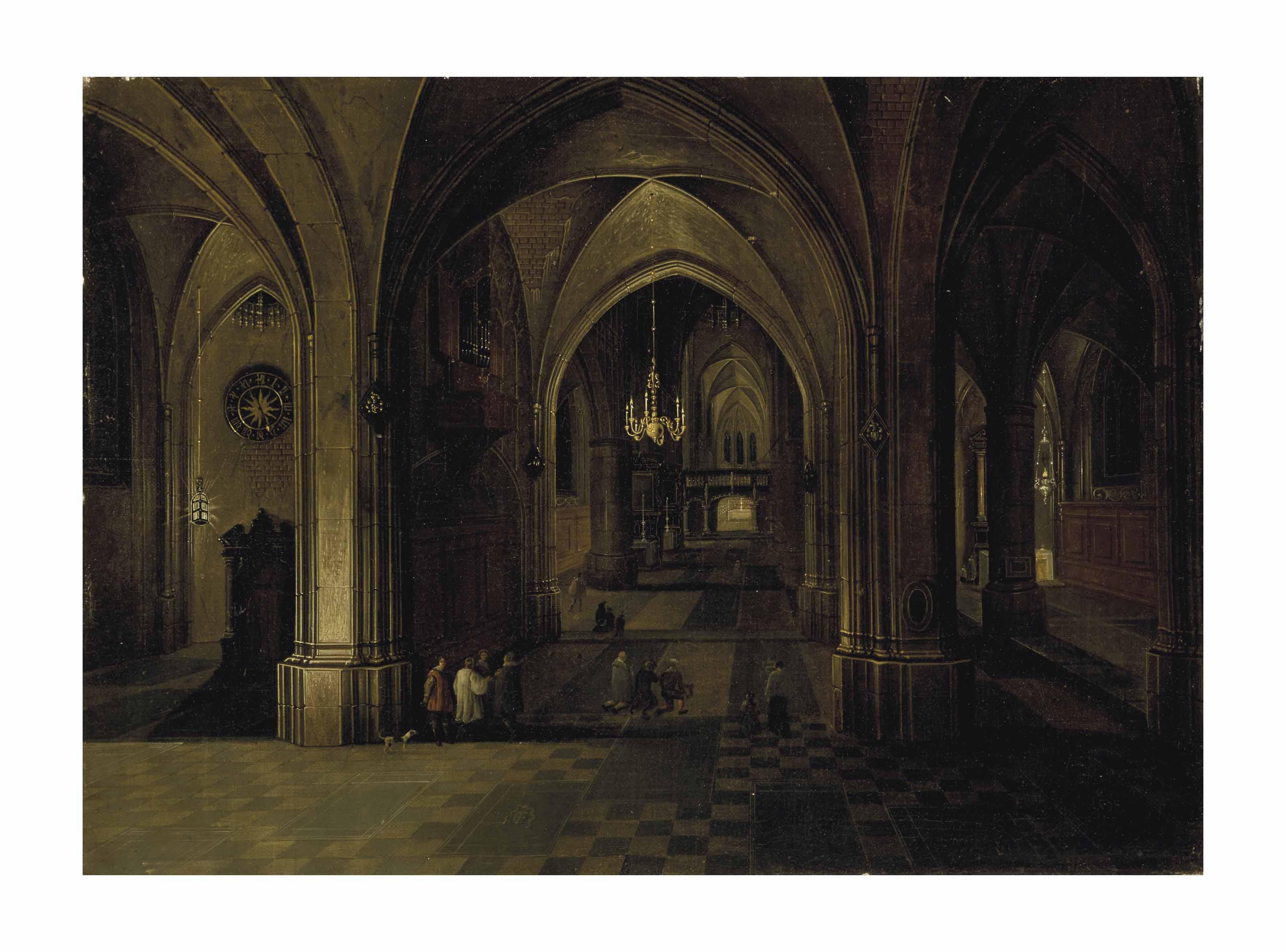 Pieter Neefs Le Vieux - Vue de nuit d\'une église gothique