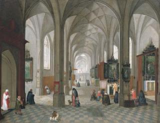 Pieter Neefs The Elder - An interior of a catholic church with a priest celebrating mass