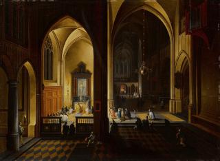 Pieter Neefs the Elder - Evening Mass in a side chapel of a Gothic cathedral