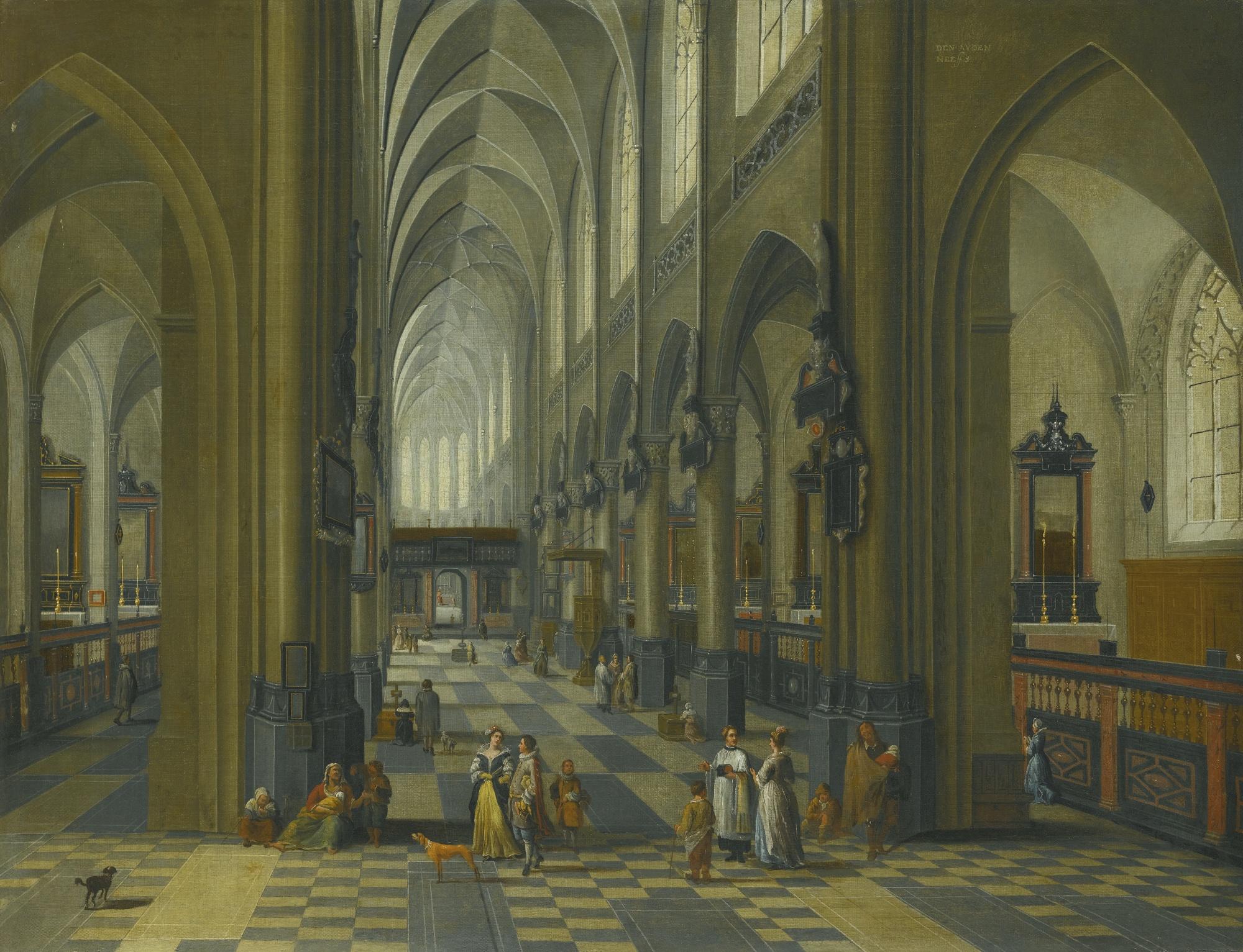 Pieter Neefs The Elder - Interior Of A Gothic Cathedral With Figures Promenading In The Aisle