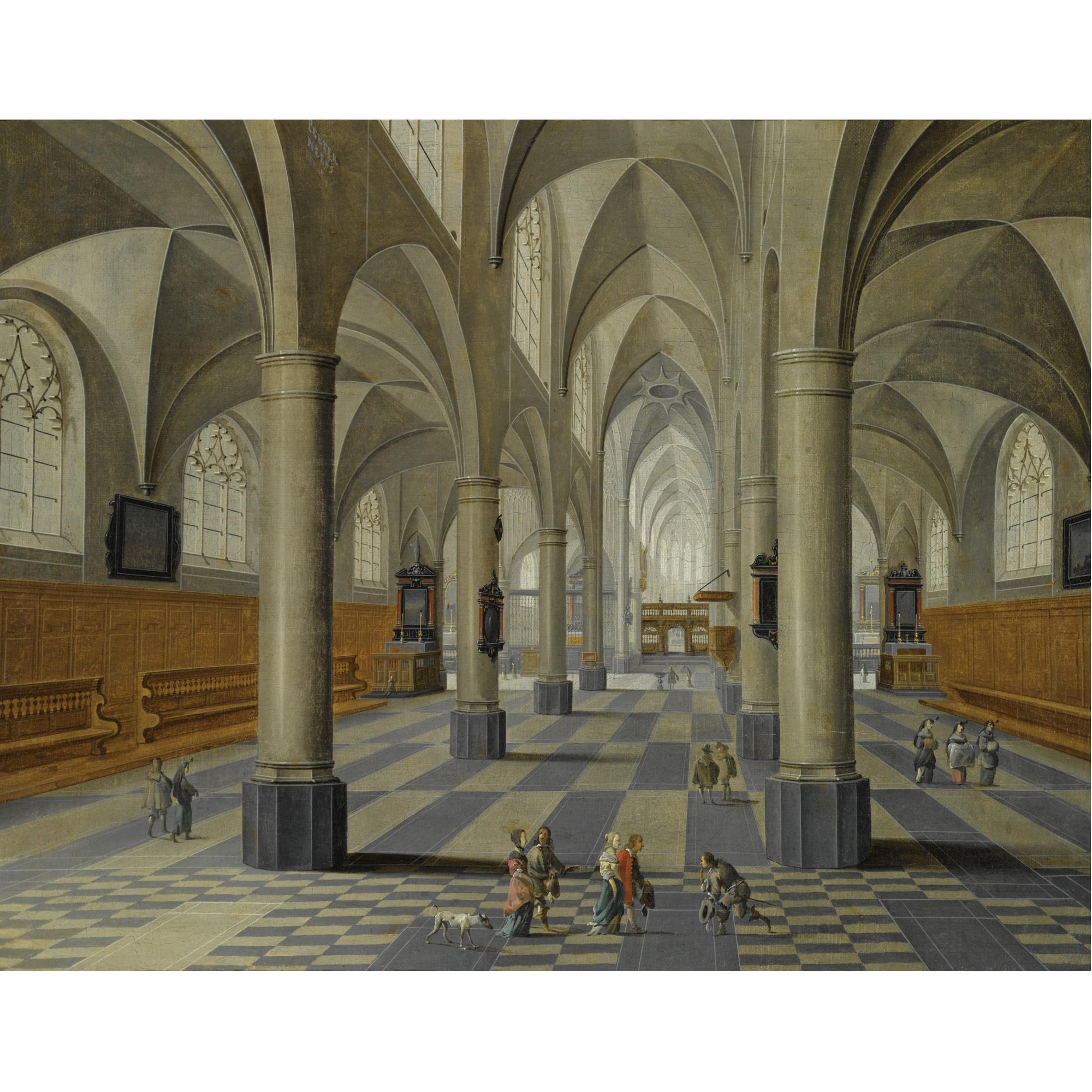 Pieter Neefs the Elder - The Interior Of A Cathedral With An Elegant Company Being Greeted By Another Gentleman
