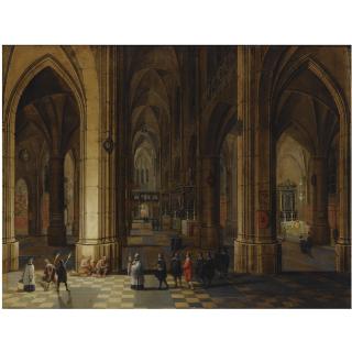 Pieter Neefs the Younger - A Church Interior Of The Cathedral Of Antwerp With A Procession In The Foreground And Beggars Seated To The Left