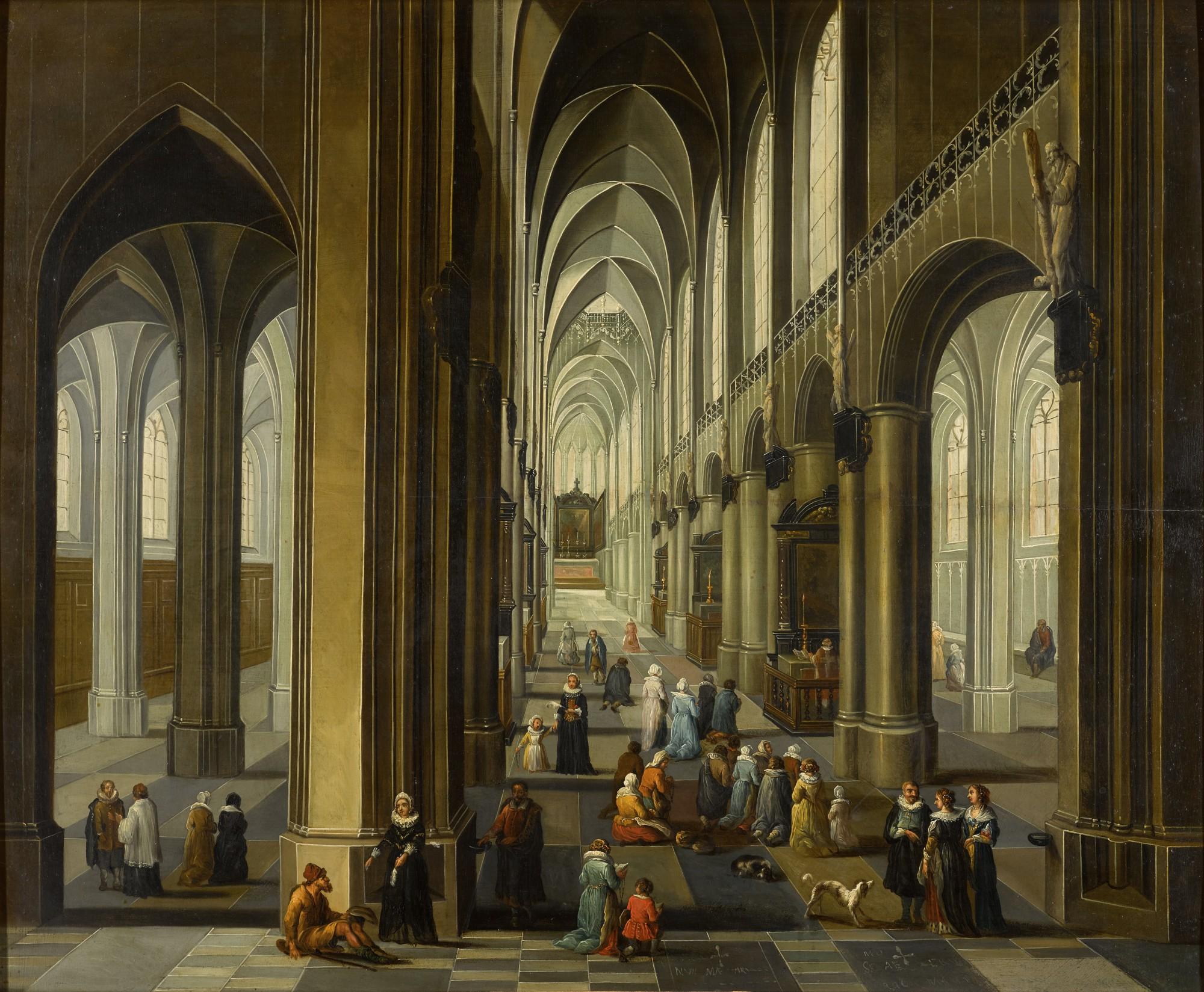 Pieter Neefs the Younger - Cathedral interior with figures worshipping, promenading and giving alms