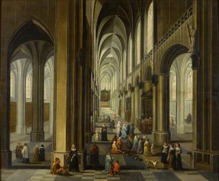 Pieter Neefs the Younger - Cathedral interior with figures worshipping, promenading and giving alms