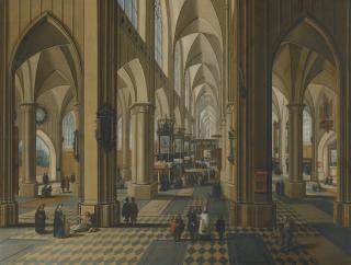 Pieter Neefs the Younger - Interior Of A Gothic Church With Figures Attending Mass