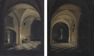 Pieter Neefs the Younger - Interior Of A Prison With Sleeping Guards, St. Peter Beyond; Interior Of A Prison With Saint Peter Fleeing With The Angel