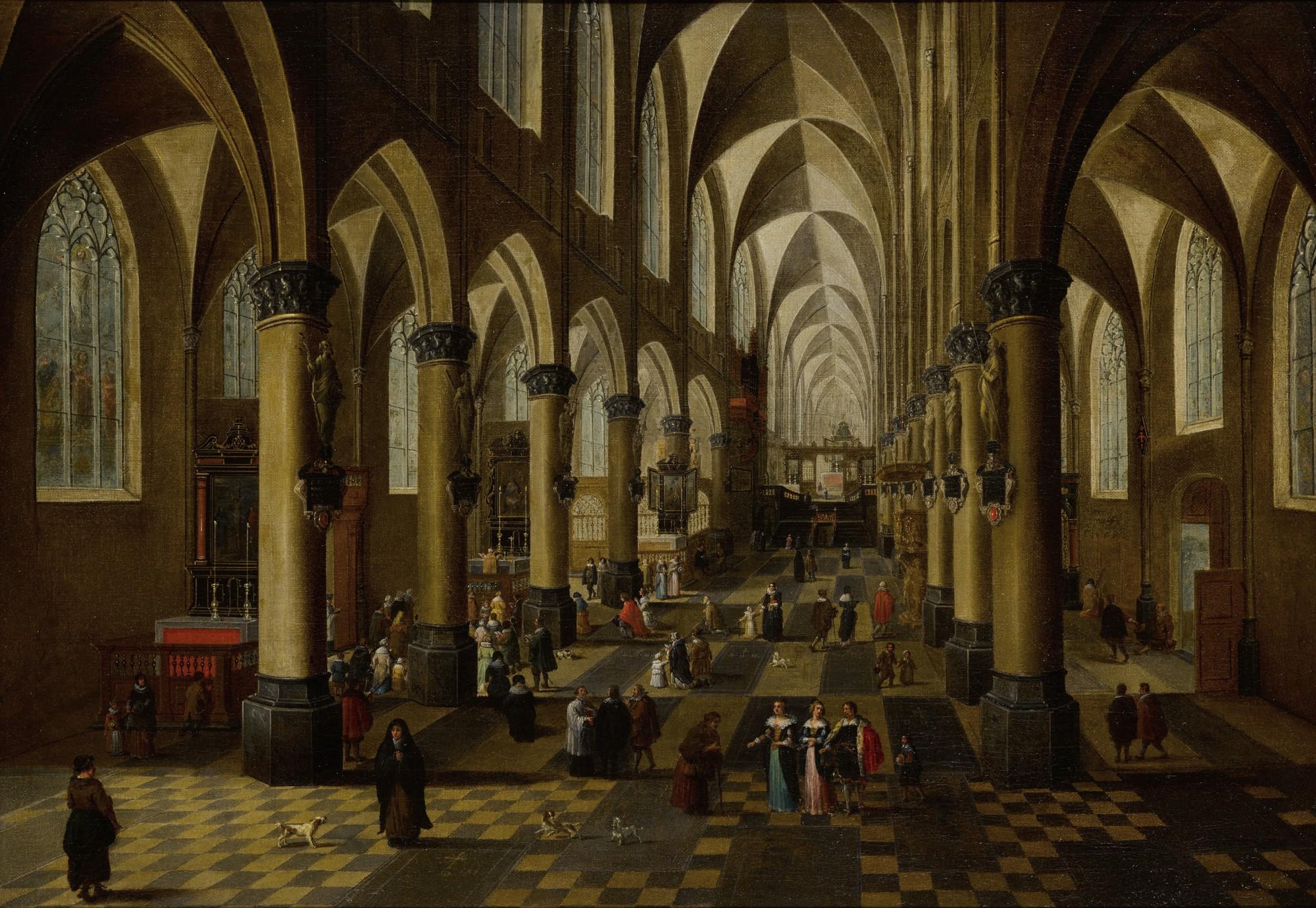 Pieter Neefs the Younger - The Church of Saint Walburga in Antwerp, with a Mass being said, many figures, and a door open on the right