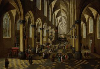Pieter Neefs the Younger - The Church of Saint Walburga in Antwerp, with a Mass being said, many figures, and a door open on the right