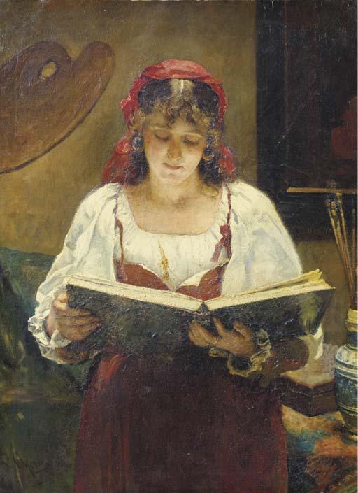 Pieter Oyens - An Italian beauty looking at an album in the artist\'s studio