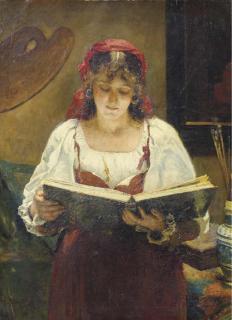 Pieter Oyens - An Italian beauty looking at an album in the artist\'s studio