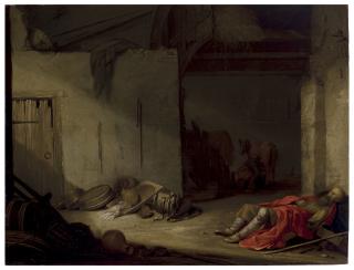 Pieter Potter - A Barn Interior With A Man Sleeping And A Woman Milking A Cow In The Background