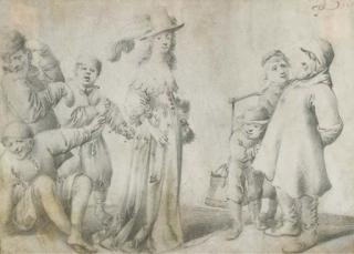 Pieter Quast - Une jeune femme élégante entourée de figures grimançantes