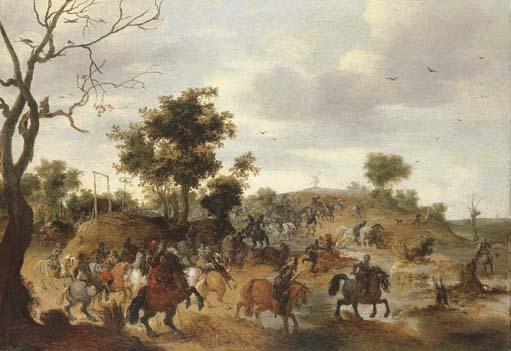 Pieter Snayers - A landscape with a cavalry battle, gallows and a windmill beyond