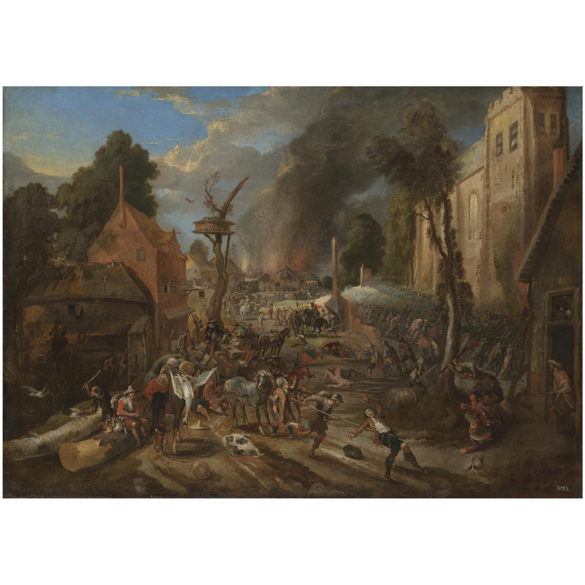 Pieter Snayers - Landscape With Soldiers Pillaging A Village