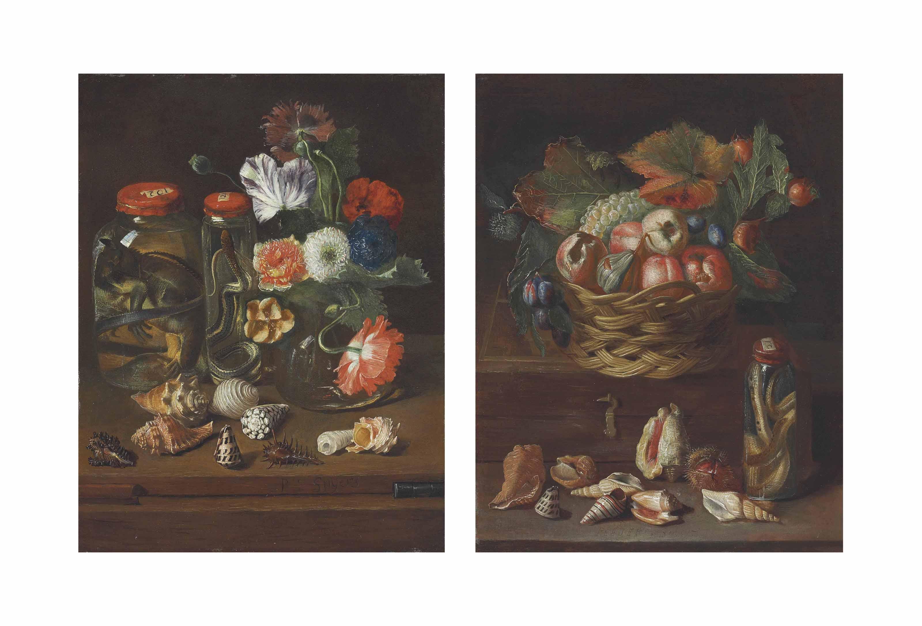 Pieter Snyers - Flowers In A Glass Vase With Reptiles In Preserve Jars And Shells On A Wooden Table; And Fruit In A Wicker Basket With A Snake In A Preserve Jar And Shells And A Chestnut On A Ledge