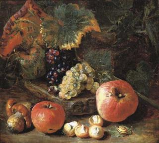 Pieter Snyers - Grapes and vine leaves on a stone ledge with apples, mushrooms and a snail