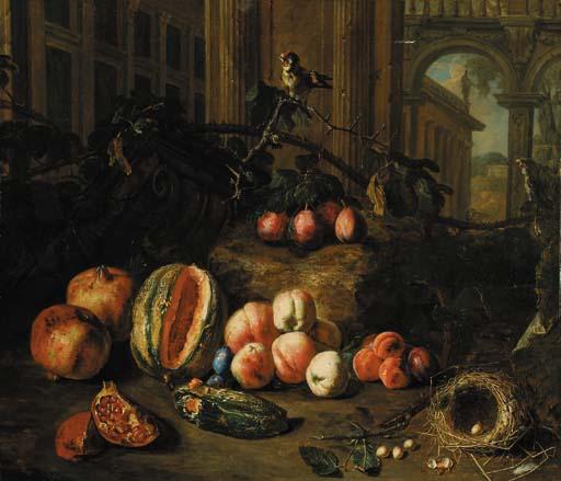Pieter Snyers - Plums on the branch, peaches, apricots, a melon, pomegranates, a nest with eggs and a goldfinch by classical buildings, a landscape beyond