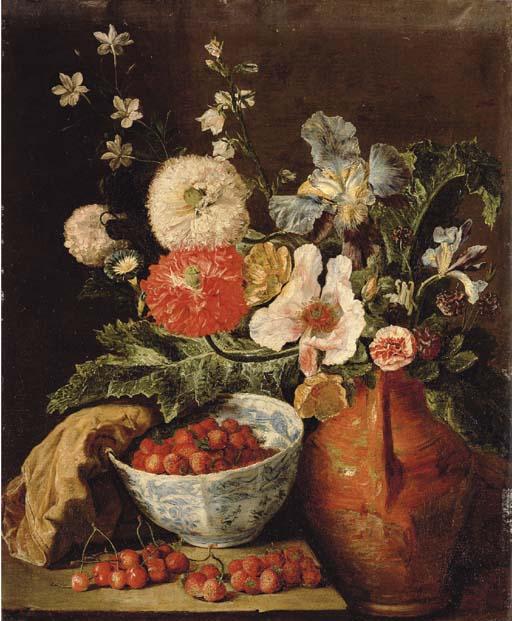 Pieter Snyers - Wild strawberries in a blue and white porcelain bowl, carnations, irises, and other flowers in an earthenware jug on a stone ledge with cherries and strawberries