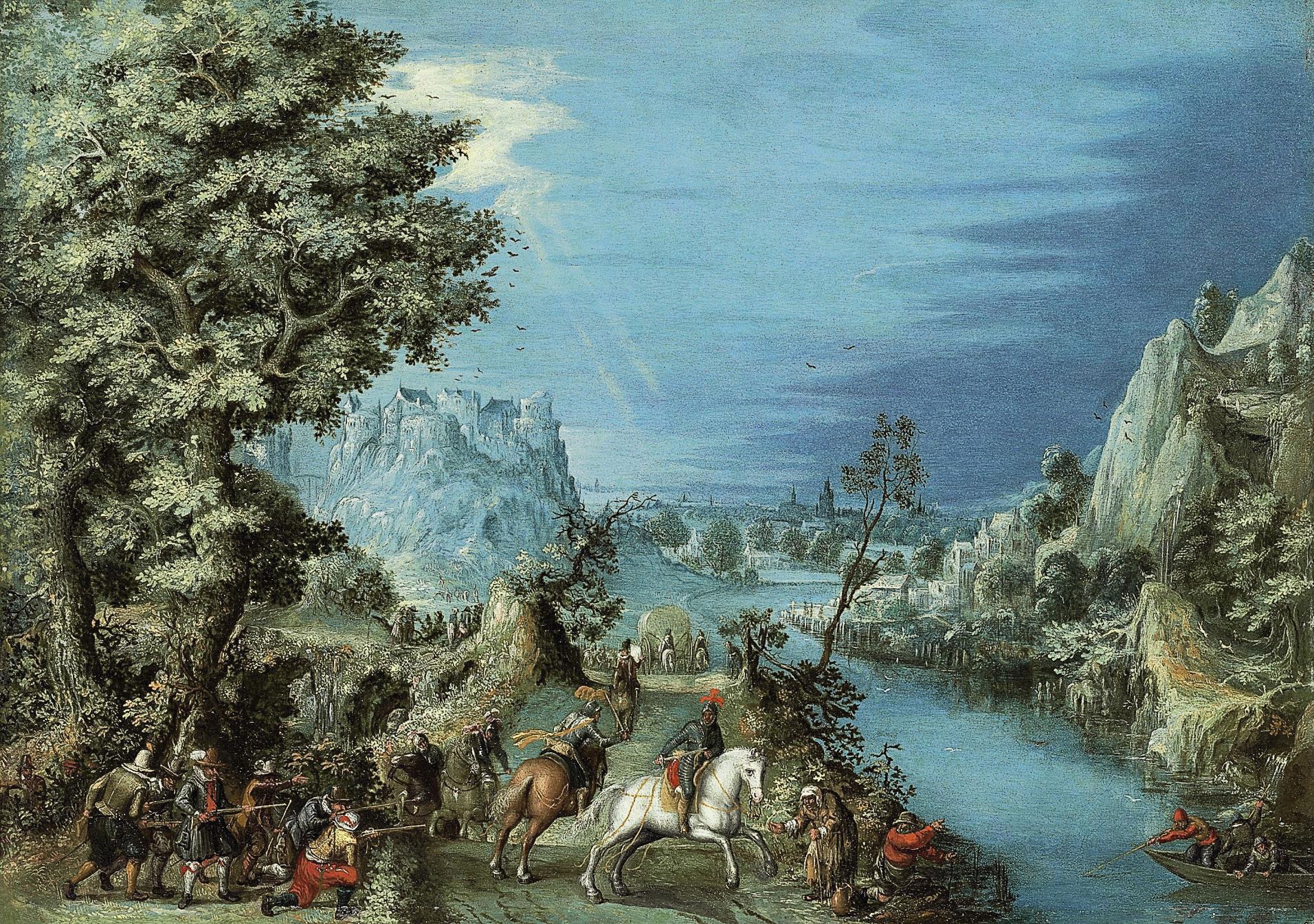 Pieter Stevens - A river landscape with travellers ambushed by bandits