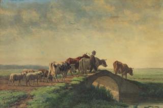 Pieter Stortenbeker - A herdsman with flock crossing a ditch