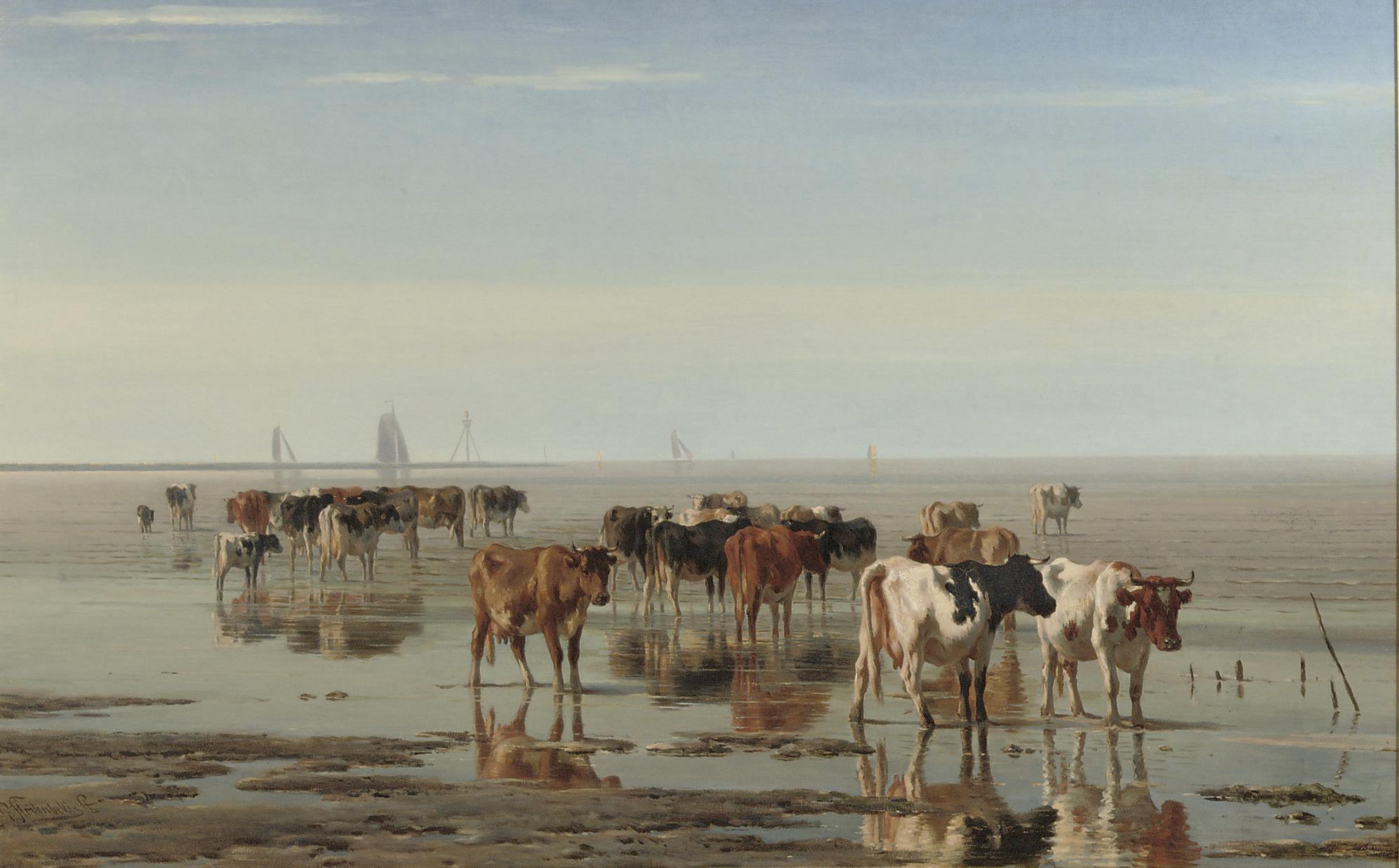Pieter Stortenbeker - Cattle on the beach at low tide