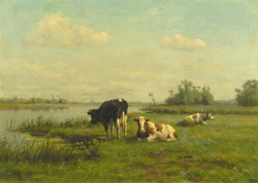 Pieter Stortenbeker - Cows in a river landscape