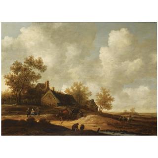 Pieter Symonsz. Potter - A Dune Landscape With A Farmer With His Horse-Drawn Cart, Other Figures Conversing On A Path Near A Barn