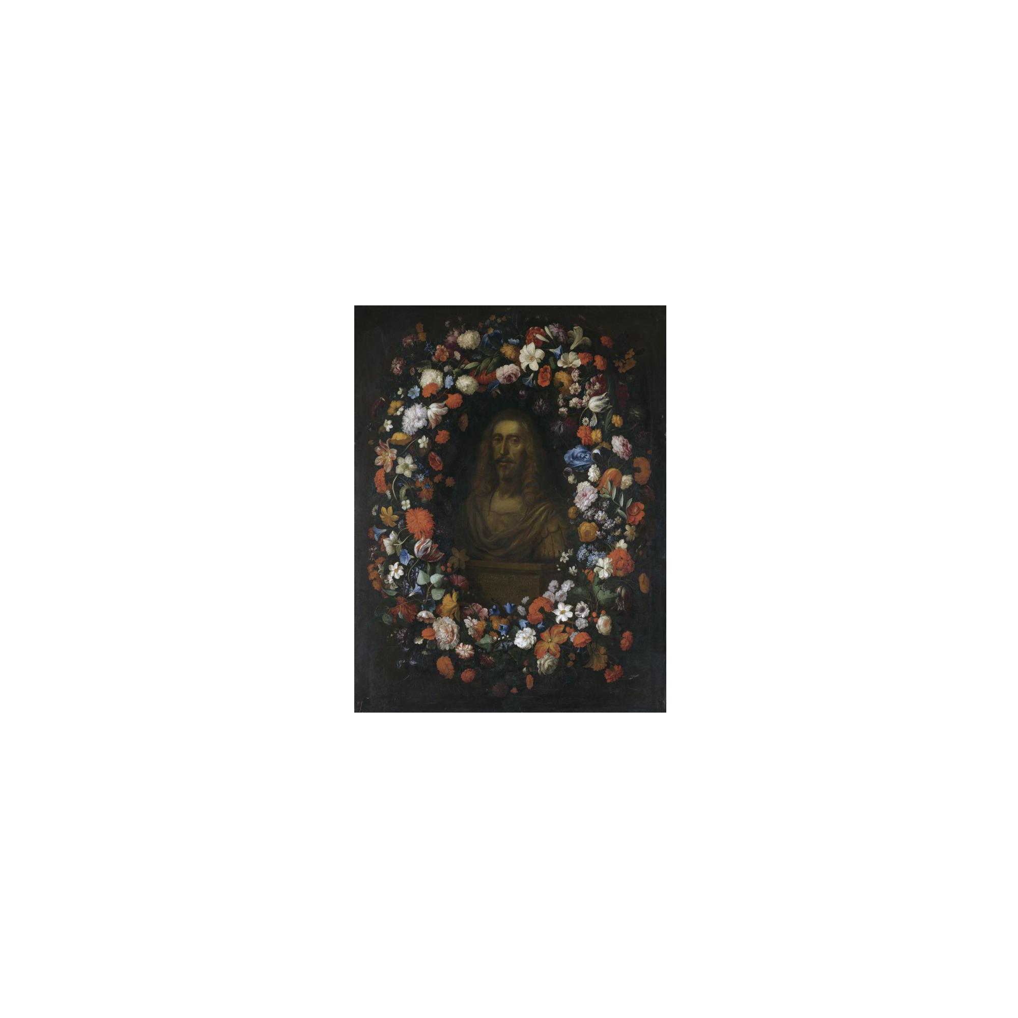 Pieter Thijs - A Stone Bust Portrait Of Erzherzog Leopold Wilhelm Of Austria(1614-1662), Surrounded By A Garland Of Flowers, Including Tulips, Roses, Snowballs, Morning Glory And Lilies