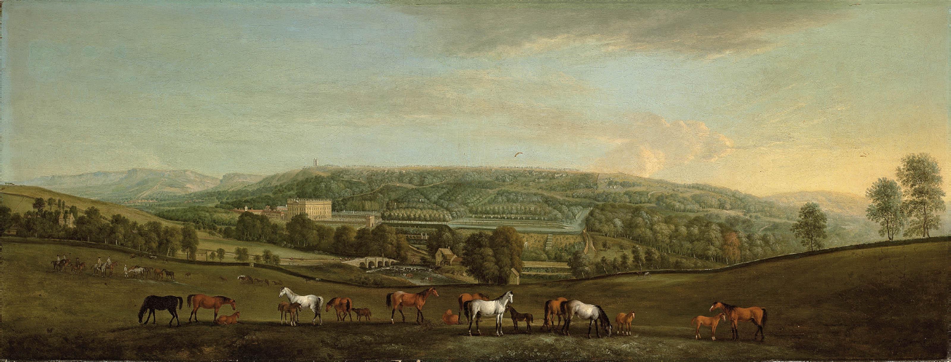 Pieter Tillemans - A panoramic view of Chatsworth House and Park, with mares and foals in the foreground