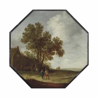 Pieter Van Asch - An extensive dune landscape with an elegant couple and travellers halting by an inn