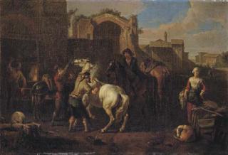 Pieter van Bloemen - A blacksmith\'s forge with a blacksmith branding a horse