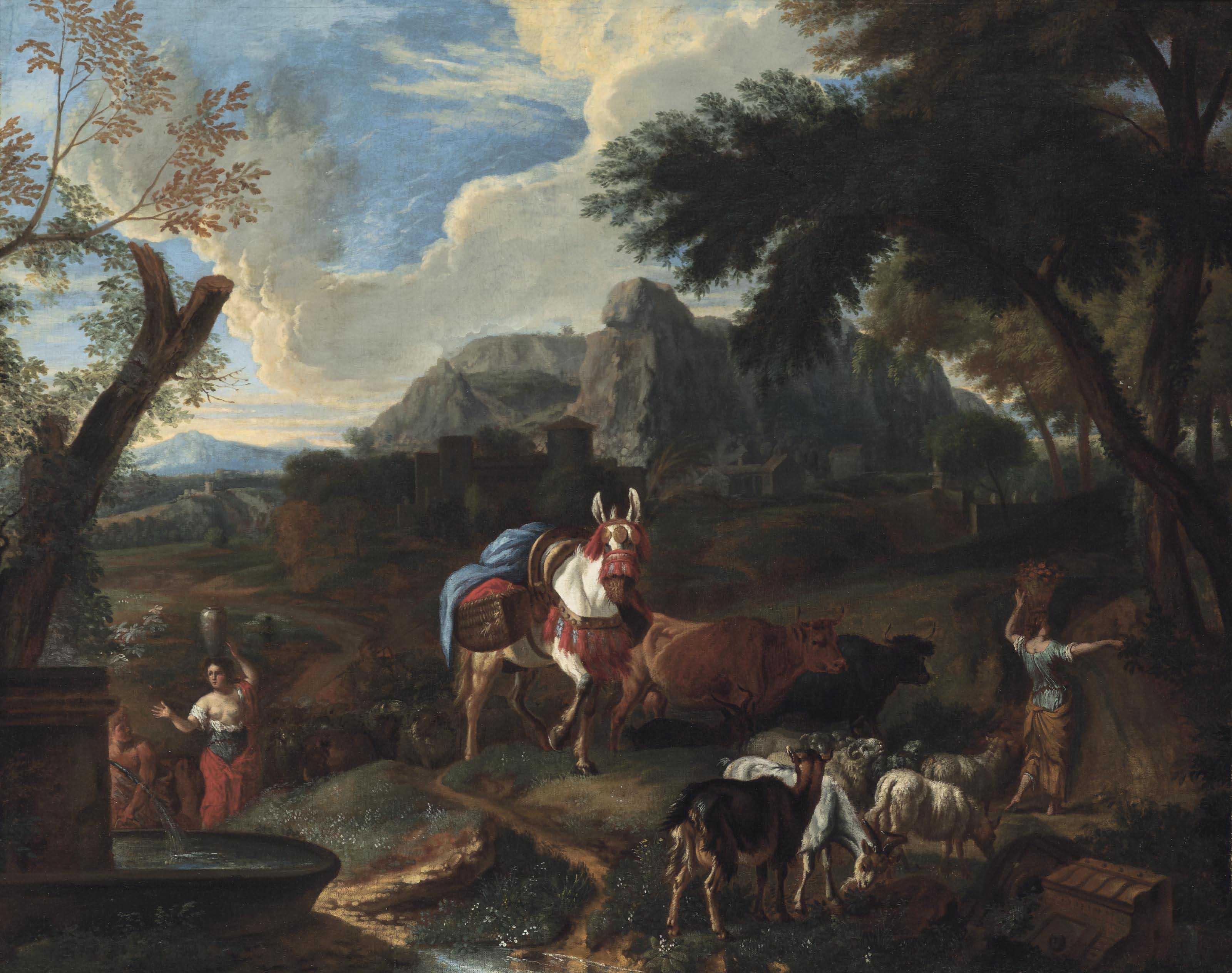Pieter Van Bloemen - A classical landscape with herdsmen