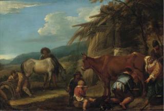 Pieter van Bloemen - A peasant milking a cow with a groom and horse and other peasants by a hut, a landscape beyond