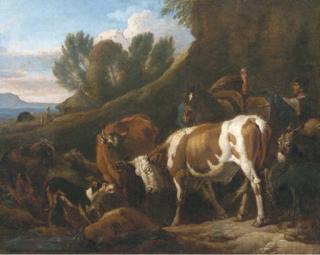Pieter Van Bloemen - A peasant with cows, a mule, sheep, a donkey and a turkey in an Italianate landscape
