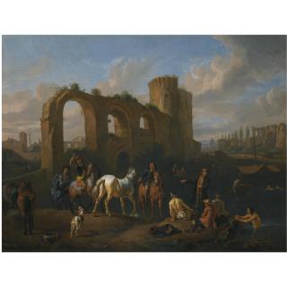 Pieter Van Bloemen - A Roman Landscape With Horsemen And Bathers At A Watering Hole, Architechtural Ruins Beyond